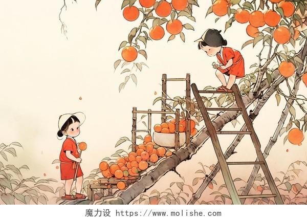 插画两个小孩在摘柿子卡通水彩AI插画